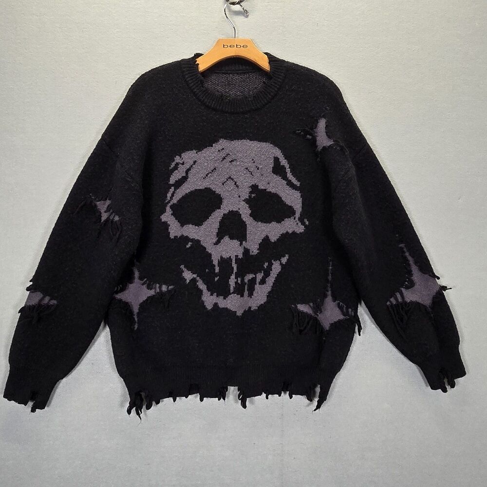 Andreilee Distressed Gothic Skull Print Ripped Sweater Size Large